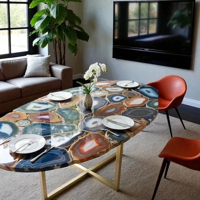Mixed Agate Oval Coffee Table – Handmade Gemstone Furniture for Luxury Home Deco - Image 1 of 3