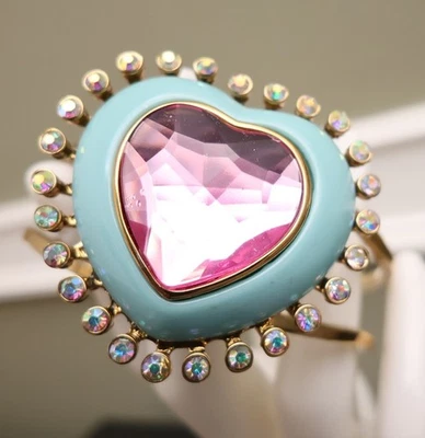 Betsey Johnson bracelet Candyland heart pink crystal aqua enamel signed goldtone - Image 1 of 4