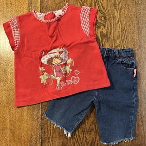 Vtg Strawberry Shortcake Y2K Set Outfit Shirt Shorts Jean Embroidered FLAW 4T 5T - Picture 1 of 24