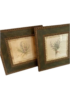 "Par de impresiones artísticas enmarcadas de Carolyn Shores Wright firmadas doradas/verdes de colección 13x13""" - Imagen 1 de 15