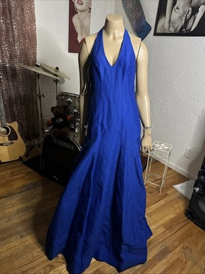 Halston Royal Blue Heritage Sleeveless Halter Gown Formal Dress Sz 2 Cotton/Silk - Image 1 of 4