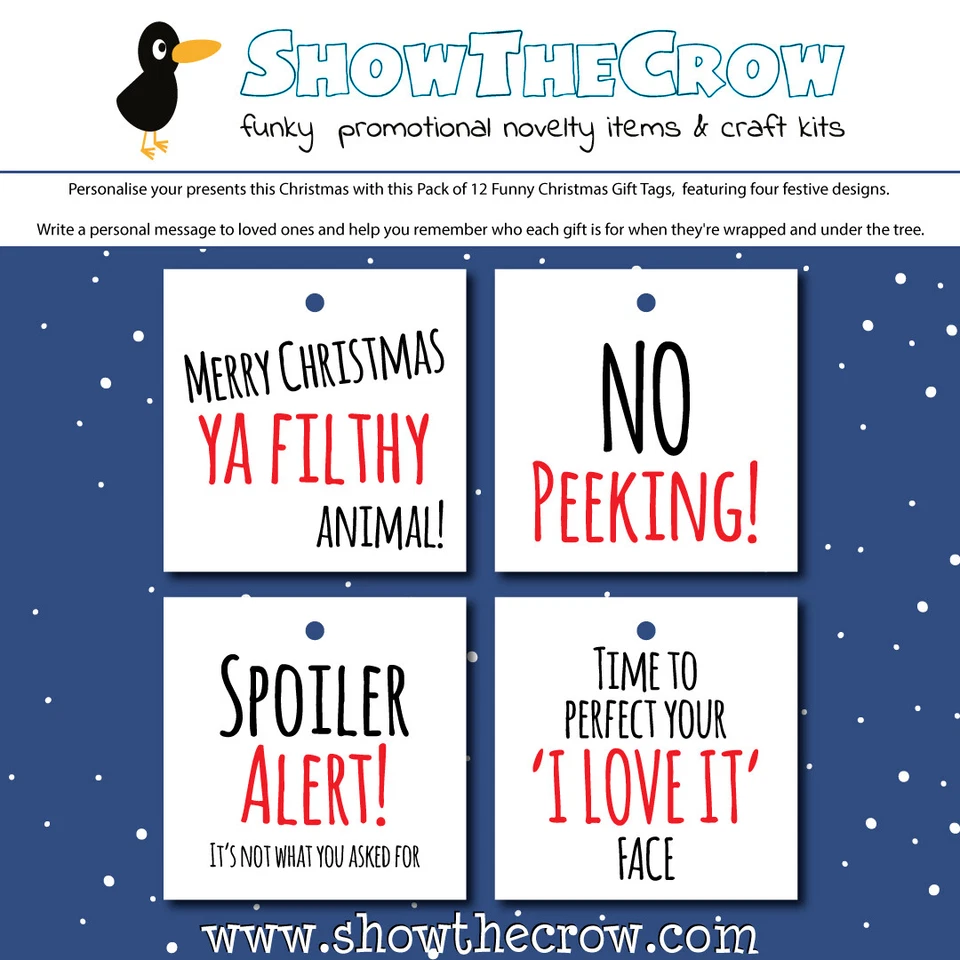 SHOWTHECROW.COM 'Funny Christmas Gift Tags' 12x Assorted Christmas Tags, Present Gift Tags, F...