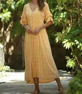Women's V-Neck Maxi Dress Ladies Floral Two Layer Sleeves Beach Yellow Size M - Picture 1 of 5