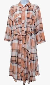 TORRID 1 Blush Pink Plaid Challis Shirt Dress 1X Button Front Sash Tie Pockets - Picture 1 of 11