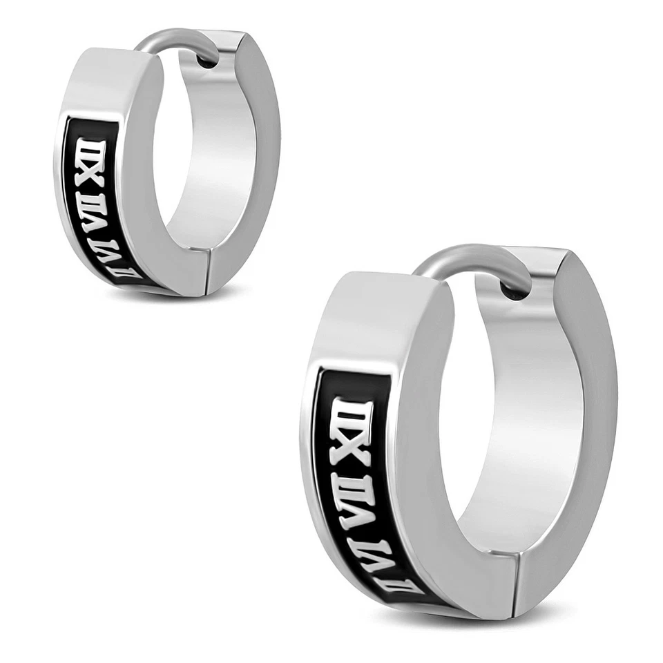 2er Set Pieghevole Orecchini a Cerchio 316L Acciaio Romani Numeri Nero Argento - Immagine 1 di 1