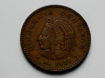 Mexico 1956 50 CENTAVOS Bronze Coin with Indian in Traditional Headdress - Image 1 of 2