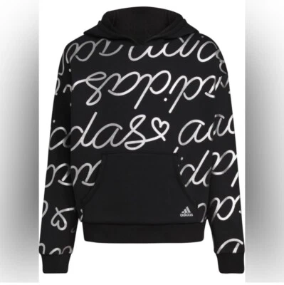 Adidas | Sudadera con capucha de lana con estampado integral para niñas - Plateada sobre negra | Talla 16 Usada en Excelente Condición Foto 1 de 4