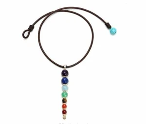 7 Chakra Synthetic Stone Pendant Necklace Reiki Healing Jewelry-16" Leather Cord - Picture 1 of 6