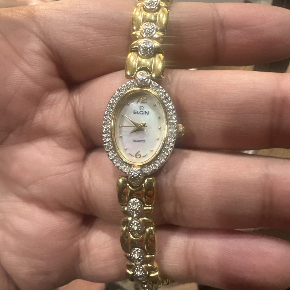 Elgin Women Oval Gold Crystals MOP Dainty Watch 18mm Fit 8in For Repair Nt Workn - Image 1 of 4