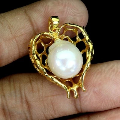 925 Sterling Silber Anhänger Barock Perle 14x12mm Herz Natürlich Edelstein - Bild 1 von 4