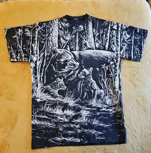 Art Unlimited Bear w/ Cubs All Over Print Shirt 90s Size XL 1994 Vintage Brown - Bild 1 von 6