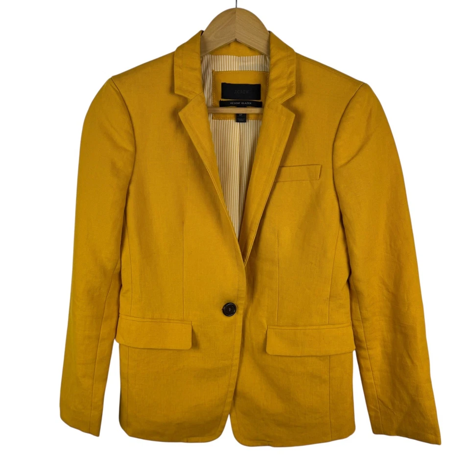 Blazer J Crew Regent tamanho 0P 100% linho amarelo mostarda carreira escritório dinheiro antigo - Imagem 1 de 4