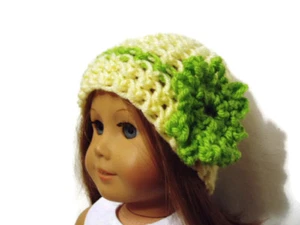 Sombrero de crochet se adapta a muñecas American Girl 18" muñeca ropa amarilla con flor verde - Imagen 1 de 3
