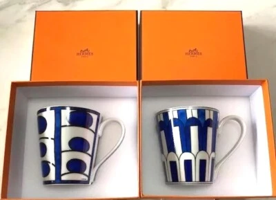 Hermes Bleus d'Ailleurs Coffee Mug Cup Blue Tableware 2 set Late Tea Auth New - Image 1 of 4