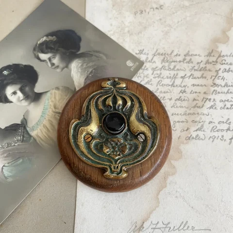 1900, Antique Art Nouveau wall door bell, art  decor brass wooden bell Original Cover