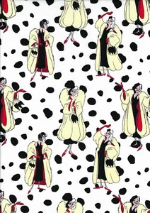 Licensed Disney Cotton Fabric CRUELLA DE VIL DOG SPOTS-POLKA DOTS 101 Dalmatians - Picture 1 of 4