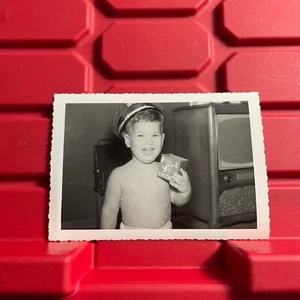 Young Boy Smiling In Hat With Block 5 x 3.5 Photograph Kodak Velox Vintage 1950s - Picture 1 of 2