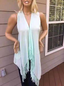 NWT Women Vest April Marin One Size Nantucket Aqua Blue Fringe Sleeveless Cotton - Picture 1 of 11