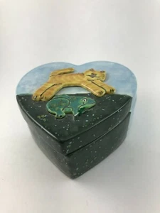 "Cat Jumping over Frog" Studio Art Ceramic  - Jewelry/Trinket Heart Box - Picture 1 of 5