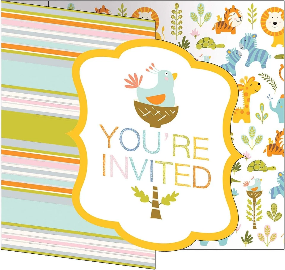 Happi Jungle Safari Animals Cute Baby Shower Party Invitations w/Envelopes - Image 1 of 1