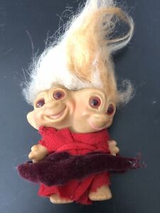 Vintage 1965 Uneeda Two Headed Troll Double Headed Cream & Peach Hair Red Outfit