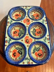 Polish Pottery Stoneware Muffin Pan Poland Set of 2 Teresa Andrukiewicz signed - Picture 1 of 6