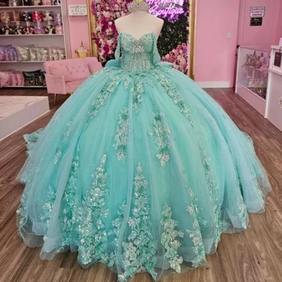 Como Nuevo Verde Brillante Quinceañera Vestidos Fuera del Hombro Vestido de Baile Dulce 16 Vestido Lazo Foto 1 de 4