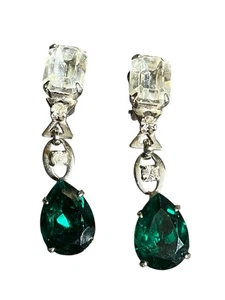 Vintage Green Rhinestone Faux Emerald Silver Tone Dangle Earrings - Picture 1 of 5
