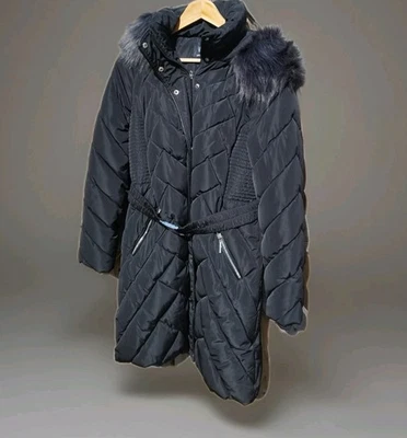 Wallis Woman's Long Line Warm Padded Black Coat Jacket Size M   Fur Hood Belted - Image 1 of 4