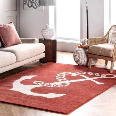 Nautical Light Red Area Rug Hand-Tufted 100% Wool Carpet for Home, Bedroom Rug - Image 1 of 4