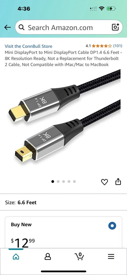 6FT Mini DisplayPort DP 1.2 Male to Male Cable 4K 3D 1080p iMac MacBook Pro Air - Image 1 of 3