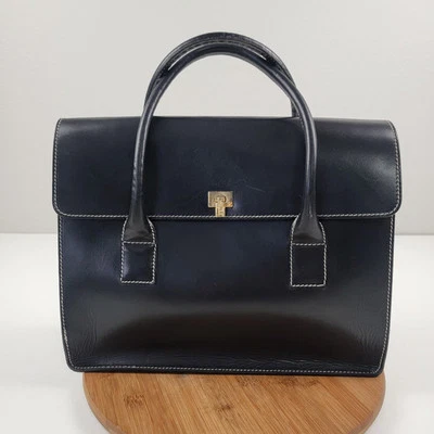 Lamberston Truex Boxcar Black Leather Handbag Bag Purse Italy  - Image 1 of 4
