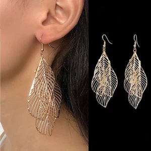 leaf dangle earrings filigree leaves lightweight statement earrings gold gift - Picture 1 of 12