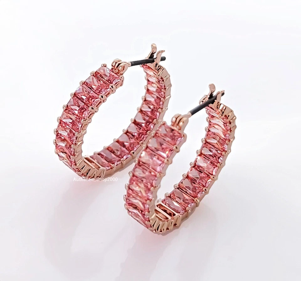 Swarovski Matrix Hoop Earrings Baguette Cut Pink Rose Gold-Tone Plated 5657726