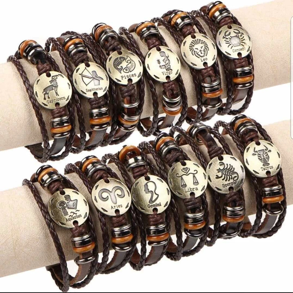 Horóscopo de cuero para hombre signo de nacimiento zodiaco pulsera pulsera madera cuentas espaciadores Foto 1 de 1