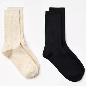 NEW Women's LOFT Ribbed Crew Socks | Black, Light Oat Heather - Picture 1 of 8