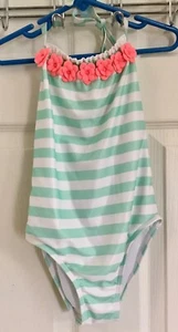 EUC GYMBOREE Hawaiian teal & white striped halter one piece swimsuit size 6 7 - Picture 1 of 4