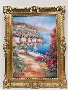 Gemälde Landschaftsbilder in Barock Rahmen Prunk 90x70 Rosenbusch &Fischerboot - Bild 1 von 10