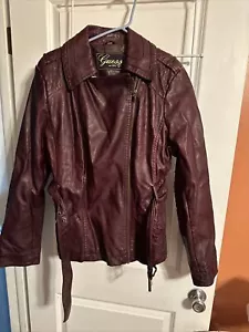 Guess Leather Brown Moto Jacket Womens XL Vintage Lined Zip Sleeves Pockets - Picture 1 of 8