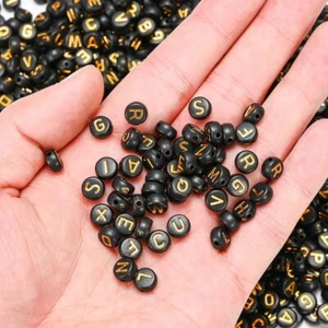 200 Alphabet Goldan Letter Beads Flat Round Black For Jewellery Making Xmas Gift - Picture 1 of 7
