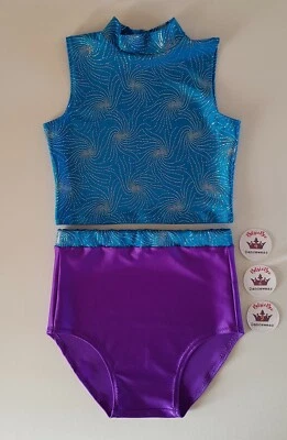 #429 Age 9/11 Freestyle Dance Crop Top/Briefs Sparkly Turquoise Starburst/Purple - Image 1 of 3
