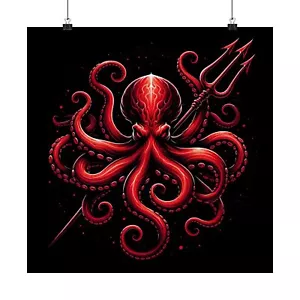 Matte Square Poster Wall Art Octopus Blood Red Black Trident Kraken Nautical - Picture 1 of 50
