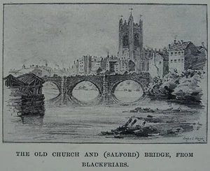 Manchester BLACKFRIARS OLD CHURCH & SALFORD BRIDG Original viktorianischer Druck um 1894 - Bild 1 von 2