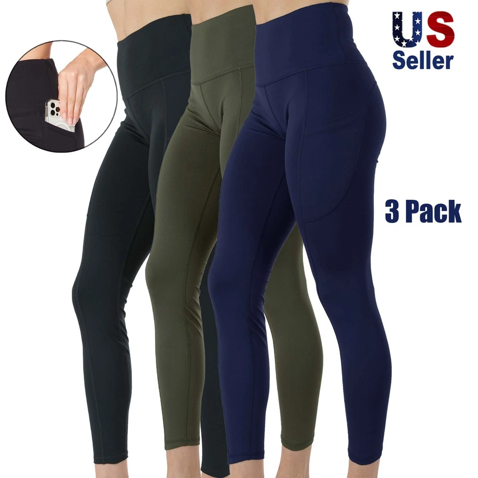 3-Pack Women's High Waist Yoga Leggings Two Side Pockets Sports Legging Pants - Image 1 of 1