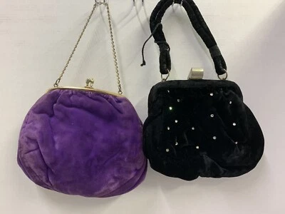 2 Vintage Velvet Evening bags- Purple with chain & Black  With Stones As Is - Image 1 of 4