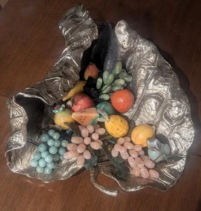  Handgeschnitztes Stein Obst Herzstück in skulpturaler Blattgold Schale, massiv 24" - Bild 1 von 24