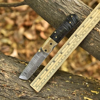 Damascus Folding Tanto Blade Pocket EDC Knife Case-Ram Horn-Bull Cutter - Image 1 of 4