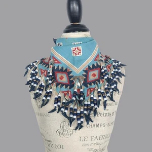 Vintage Neckerchief Western Bandana Blue Bead Medallion - Picture 1 of 7