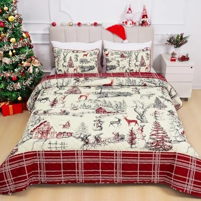  3 件套圣诞双面被子套装大号,红色 90W x 90L 白色红色 — 第 1/4 张图片