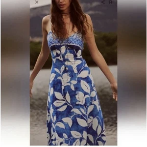ZARA Linen Midi Dress in Blue Hawaii Style Print Size Large - Picture 1 of 5